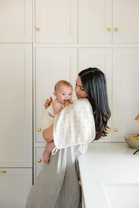 Oilo Burp Cloth 2-Pack Set, Large (12" X 22"), Organic Premium Cotton 4-Way Muslin, Luxuriously Soft, Super Absorbent, & Durable, Machine Washable, Dainty Floral & Sea Moss Sage Green Stripe
