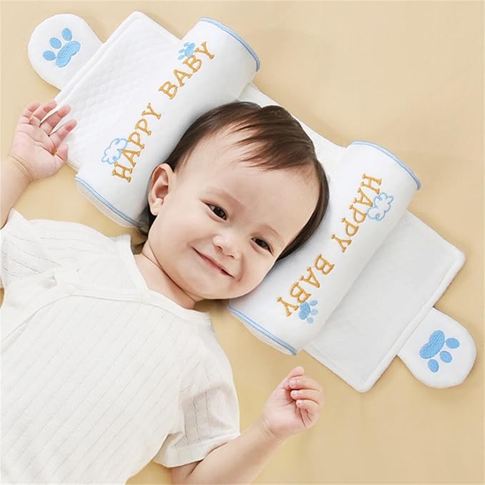 Kariney Baby Pillow, Compariston All-Season Breathable Pillow for Baby Development, Organic Cotton Adjustable Infant Head Cushion (Blue,Cute)