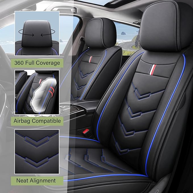 Leather Car Seat Covers Fit for LR LR4 2009-2016, 5 Seater Waterproof and Wear-Resistant Seat Cover Interior Accessories(Full Set,Black&Blue)