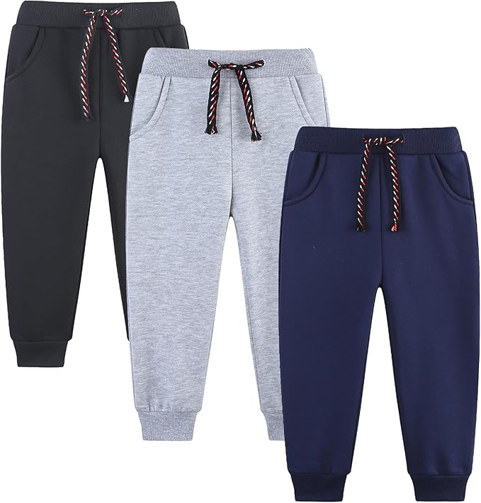 3 Pack Boy's and Girl's Fleece Pull on Jogger Sweatpant with Pockets and Drawstring 2-13 Years