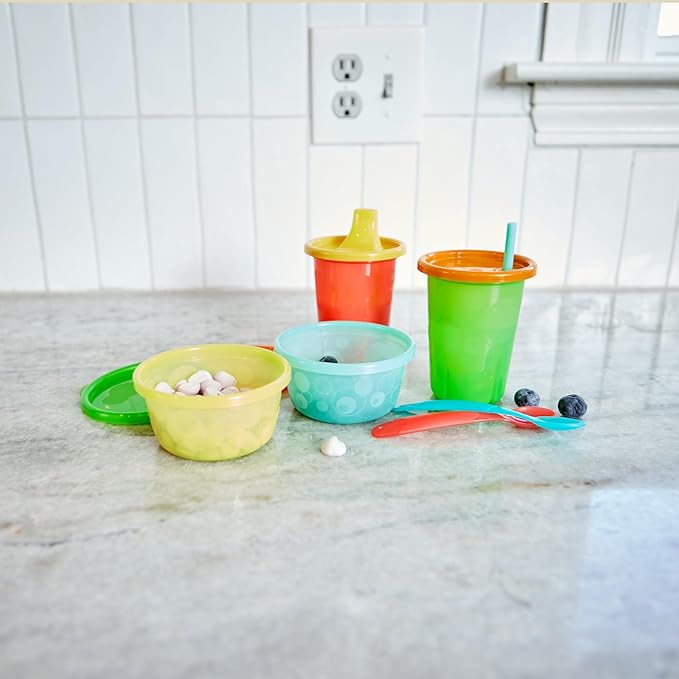 The First Years Take & Toss Toddler Straw Cups - Spill Proof Sippy Cups with Snap On Lids and Straws - Feeding Supplies and Party Supplies - 10 Oz - 20 Count