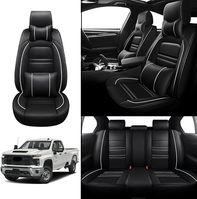 Car Seat Covers for Chevy Silverado 2500 2007-2025 | 5-Seats Seat Covers, Waterproof Seat Protectors, Automotive Seat Covers (Full Set with Pillow,Black&White Line)