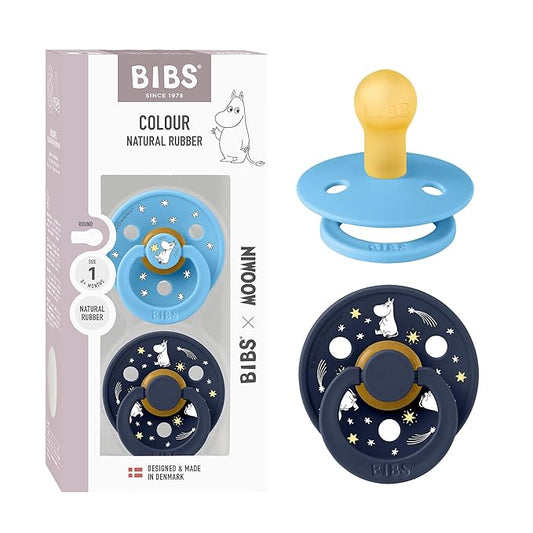 BIBS Colour Moomins Pacifier 2-Pack, BPA Free Pacifier, Round Nipple. Natural Rubber Latex, Made in Denmark, Size 1 (0-6 Months), Breeze/Deep Space