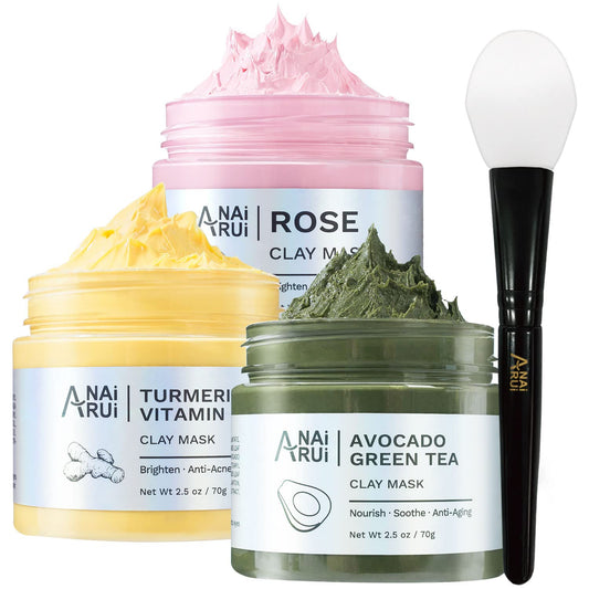 ANAI RUI 3 Pack Pore Purity Cleansing Clay Mask Set Absorbs Excess Oil,Turmeric Vitamin C Clay Mask -Rose Facial Mask -Avocado Green Tea Mud Mask,Facial Mask Skincare for Deep Cleansing 2.5 oz each