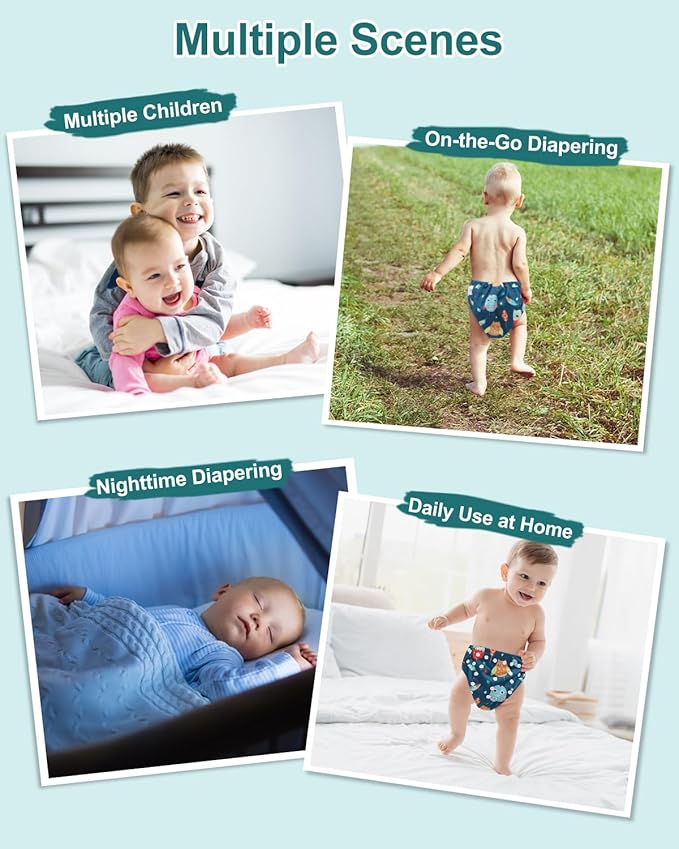 babygoal Reusable Charcoal Cloth Diapers with Double Gussets, 6 Pack Washable Baby Pocket Diapers with 6pcs Charcoal Inserts and Wet Dry Bag(Chick,Deer,Dinasaur)