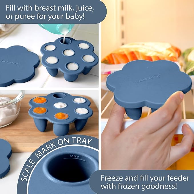 Little Twig Baby Fruit Feeder Pacifier Teether | Food Freezer Tray with Lid | BPA Free Silicone Freezable Teether | Feeding Set for Breast Milk Ice Cubes, Baby Food, Fruit Purees (Steel Blue)