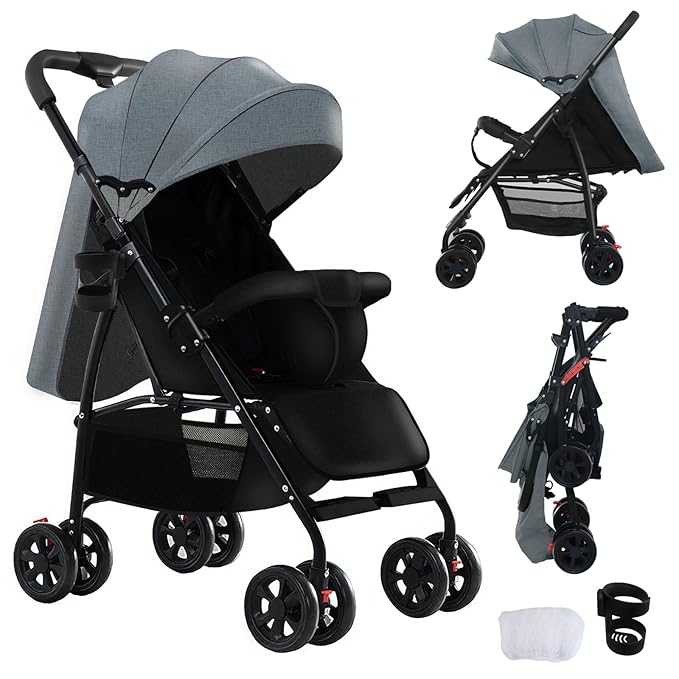 Lightweight Travel Stroller at Only 4.6 kg, Folding Compact Pushchair with Multi-Position Recline, Babies and Toddlers Pram from Birth, Baby Buggy with Cup Holder, Canopy (A8 Grey)