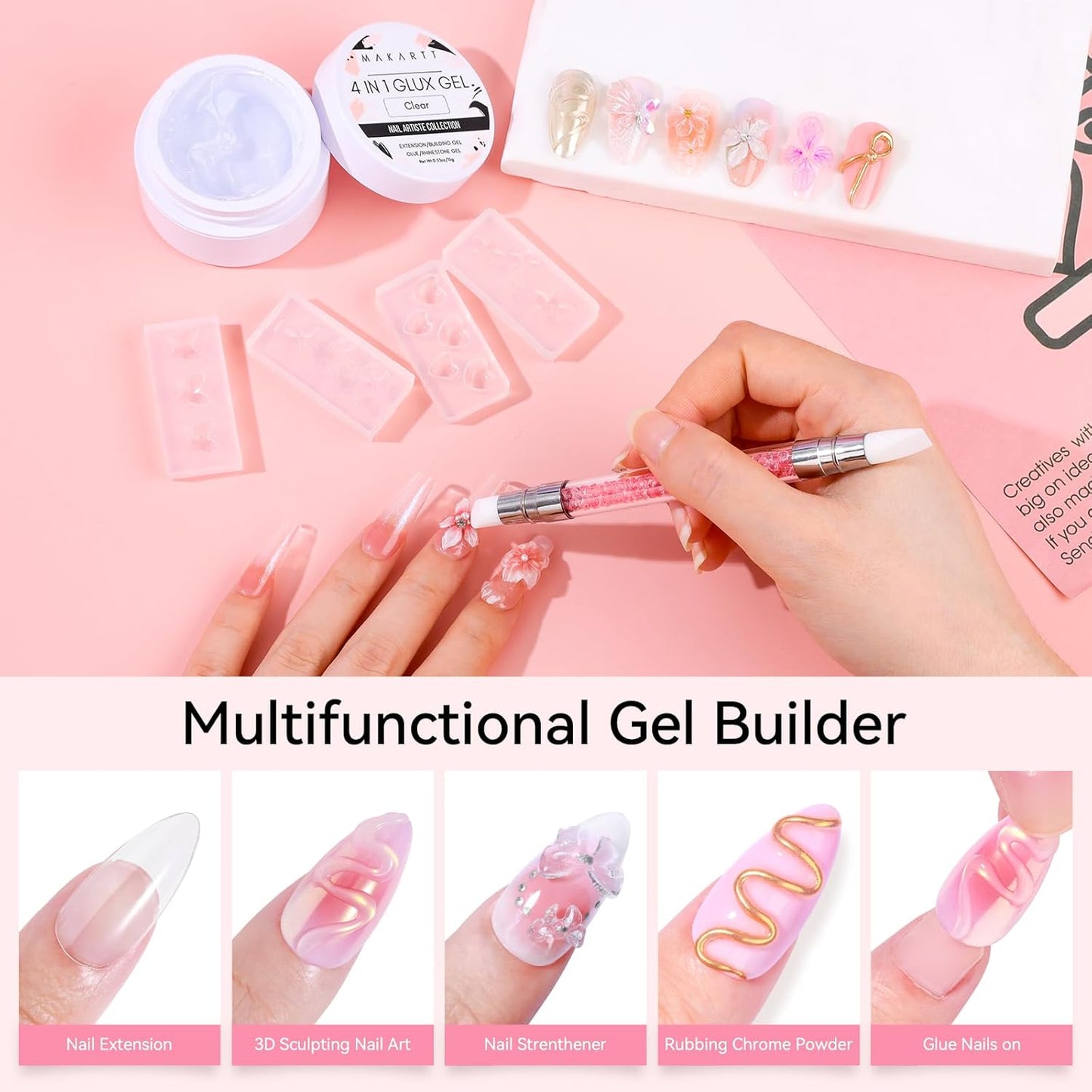 Makartt 3D Gel Nail Art: 4 in 1 Solid Gel Builder Kit for 15ML Nail Extension Gels, 4pcs Silicone Molds, 1 Sculpting Brush, UV Glue for Acrylic Nails Rhinestones Gels Molding Manicure Hard Gel Kit