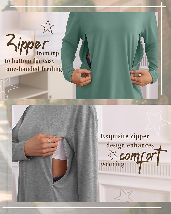 3 Pack Women's Nursing Breastfeeding Tops, Long Sleeve Maternity Shirts Oversize Hidden Zipper Pregnancy Clothes