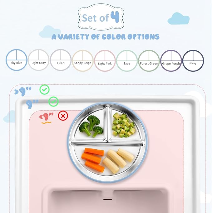 Stainless Steel Suction Plates for Toddlers, 9" Divided Kids Baby Plates with Removable Silicone Suction, Non Toxic Non Slip Portion Control Snack Dishes 4 Packs, Blue Gray Navy Sage