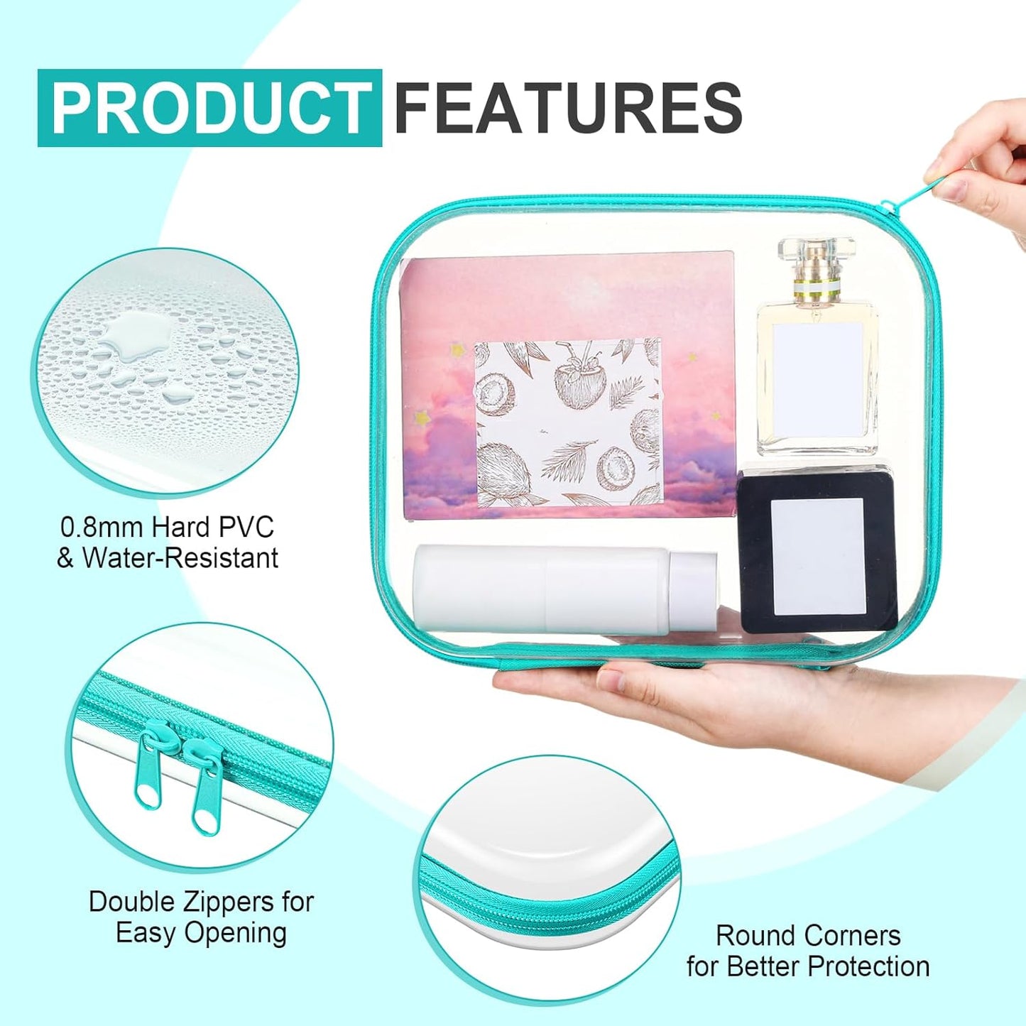 Sanwuta 6 Pcs Clear Hard Zipper Case Pencil Pouches Hard Plastic Zipper Pouches Makeup Bag Transparent Cases for Snacks Plastic Storage Organizer Box for Travel(Teal,9.84 x 7.87 x 2 Inch)