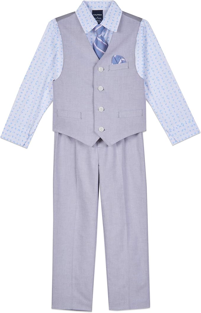Nautica Boys' 4-Piece Formal Suit Set with Vest, Pants, Collared Dress Shirt, and Tie