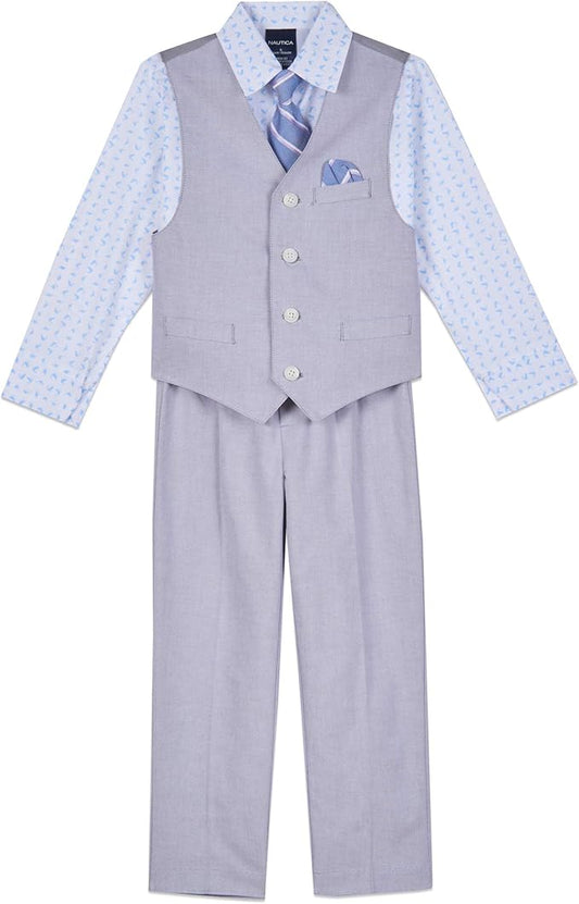 Nautica Boys' 4-Piece Formal Suit Set with Vest, Pants, Collared Dress Shirt, and Tie