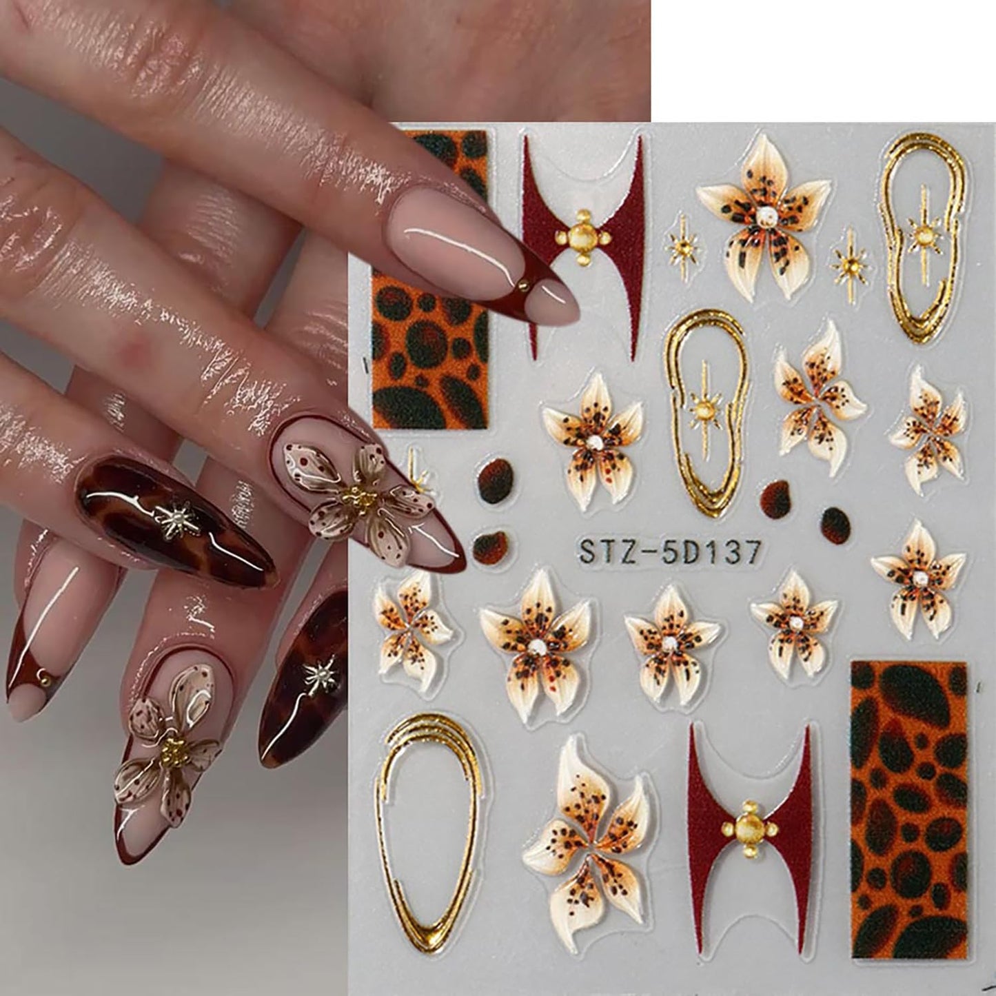Fall Nail Stickers Leopard Flower Nail Decals Autumn Nail Art Supplies 5D Embossed Self Adhesive Leopard Print Floral Nail Design Supplies Brown Fall Stickers for Women DIY French Manicure Accessories