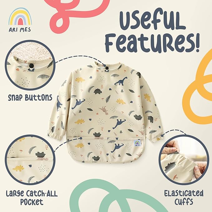 ARI MES Long Sleeves Waterproof Baby Bibs for Eating - Black Spots, Medium- Wearable, Coverall for Toddler, Long Sleeve Bib, Smock Apron for Feeding - Applicable for 6-72 Months