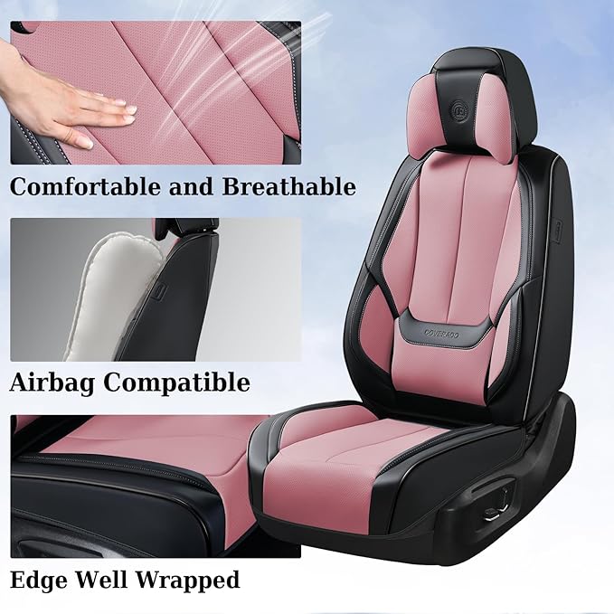 Coverado Universal Seat Covers Front, 2-Pack Universal Seat Covers for Cars, Waterproof Nappa Leather Car Seat Covers with Head Pillow, Auto Protectors Fit for Most Sedans Pick-up Truck-Black&Pink