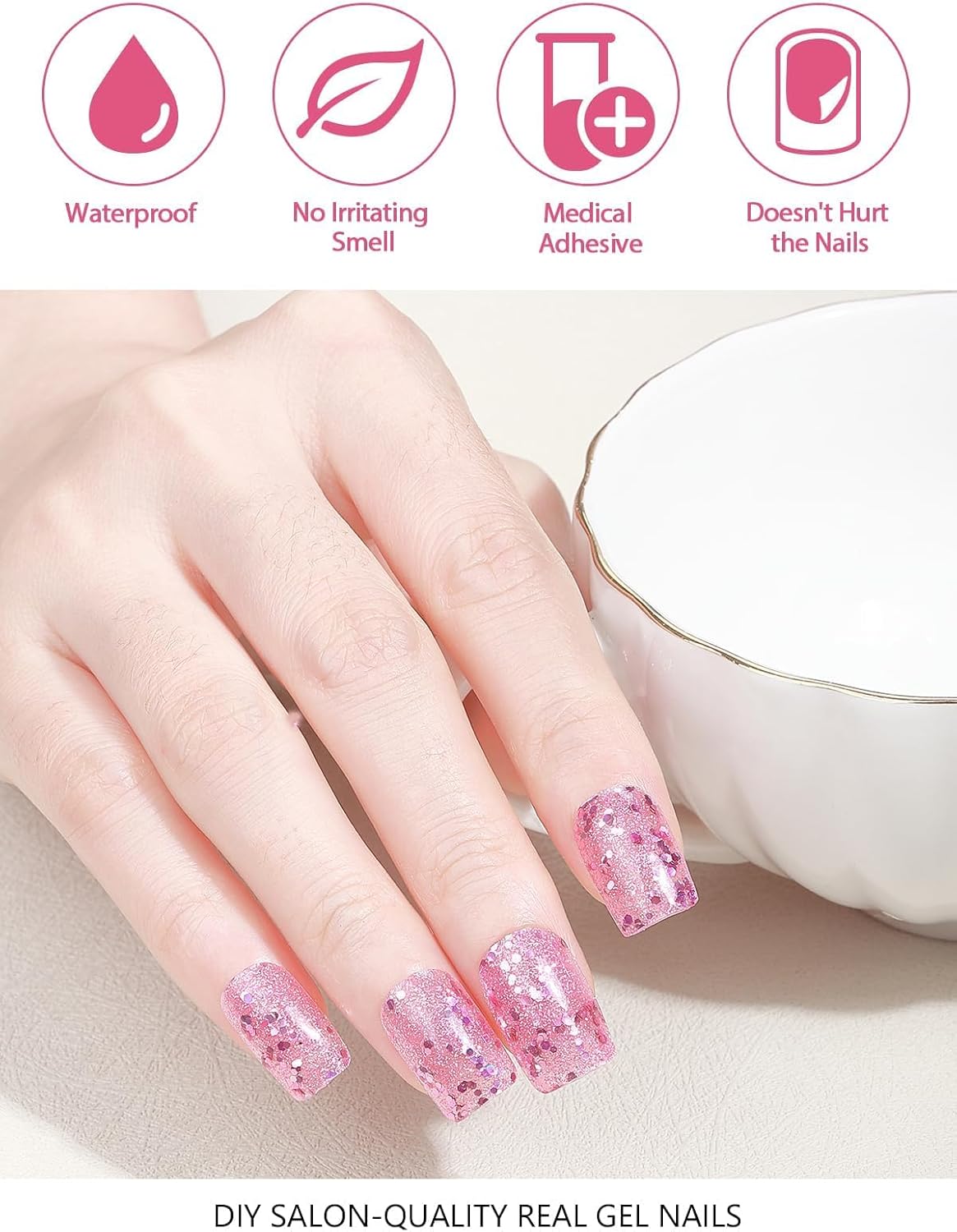 EBANKU Valentine Gel Nail Strips, 32PCS Semi Cured Real Nail Polish Strips, Heart with Glitter Pattern, Pink
