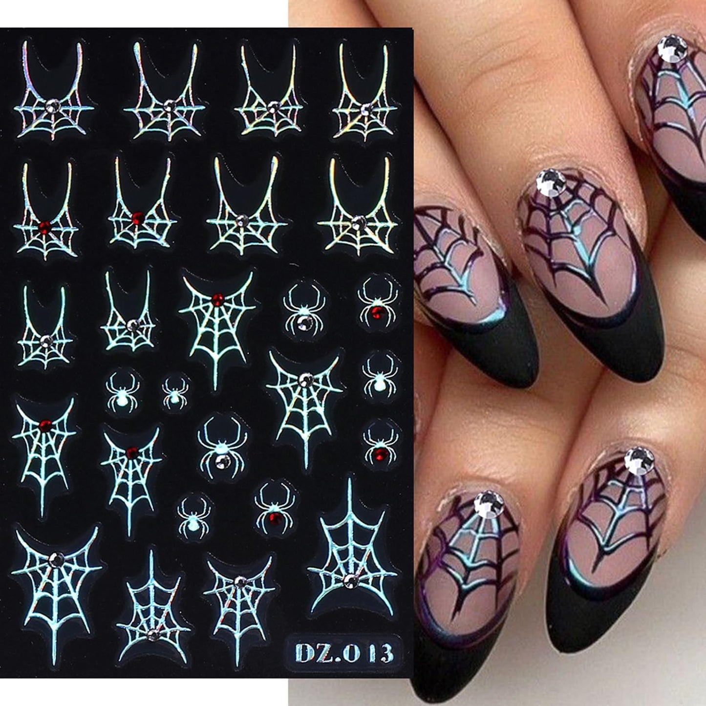 3D Spider Rhinestones Nail Art Stickers Decals Halloween Nails Sticker Black White Gold Silver Rainbow Spider Web Nails Decals Self-Adhesive Spider Nail Art Decal for Women Halloween Decor (5 Sheets)