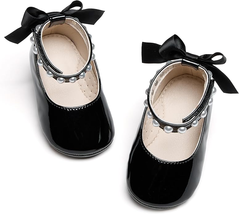 Baby Girls Mary Jane Flats - Infant Newborn Walking Shoes Soft Rubber Sole Princess Wedding