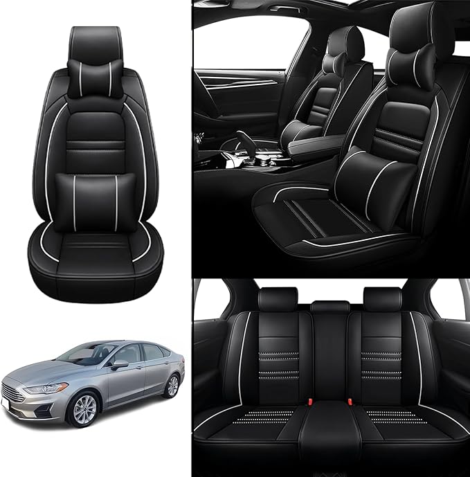 Car Seat Covers for Ford Fusion 2006-2020 | 5-Seats Seat Covers, Waterproof Seat Protectors, Automotive Seat Covers (Full Set with Pillow,Black&White Line)
