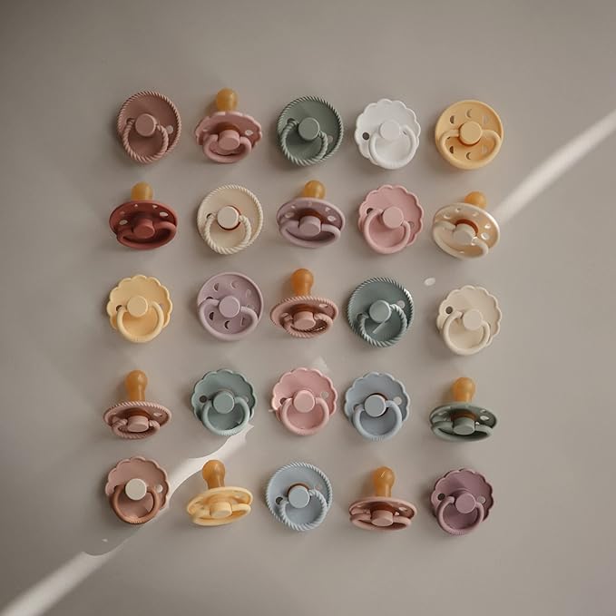 FRIGG Daisy Natural Rubber Baby Pacifier | Made in Denmark | BPA-Free (Powder Blush/Cream, 0-6 Months) 2-Pack
