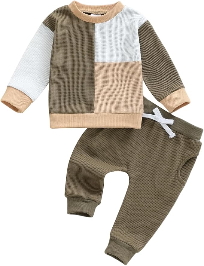 Toddler Baby Boy Fall Clothes Waffle Outfit Long Sleeve Color Blocking Sweatshirt Pullover Jogger Pant Set