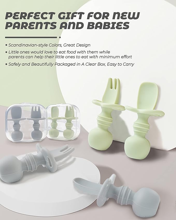 DF DUALFERV 4 Pcs Baby Spoons Self Feeding 6 Months, Silicone Baby Spoons First Stage and Baby Fork, Toddler Utensils for Baby Led Weaning with 2 Cases (Green, Grey)