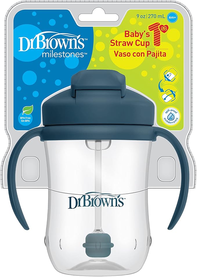 Dr. Brown's Milestones Baby's First Straw Cup, Training Cup with Weighted Straw, 9oz/270mL, Dark Blue, BPA Free, 6m+ (Pack of 12)