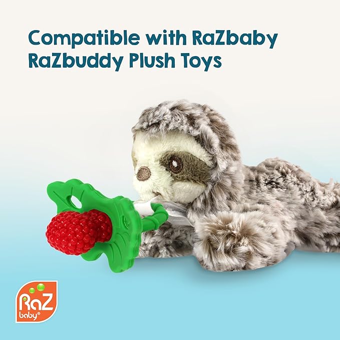 RaZbaby RaZberry Silicone Teether Pacifier – Teething Relief for Infants, Food-Grade, BPA-Free, Hands-Free, Natural Berrybumps Fruit Texture for Sensory Development, Freezable, 2-Pack - Green & White