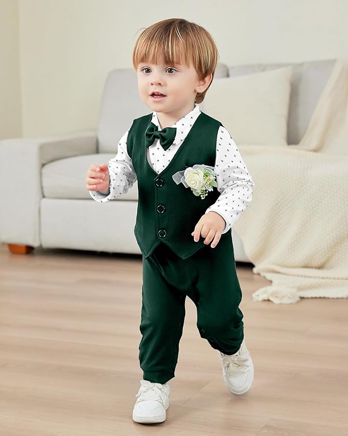Baby Boy Clothes Gentleman Baby Suit Long Sleeve Romper+Vest+Bow Tie+Corsage 4Pcs Boys Formal Jumpsuit