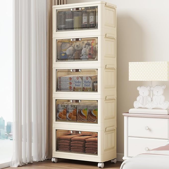 5 Tier - 48QT Storage Bins with Lids, Collapsible Storage Bins with Doors and Wheels, Plastic Storage Cabinet for Easy Storage and Organization for Living Room, Office