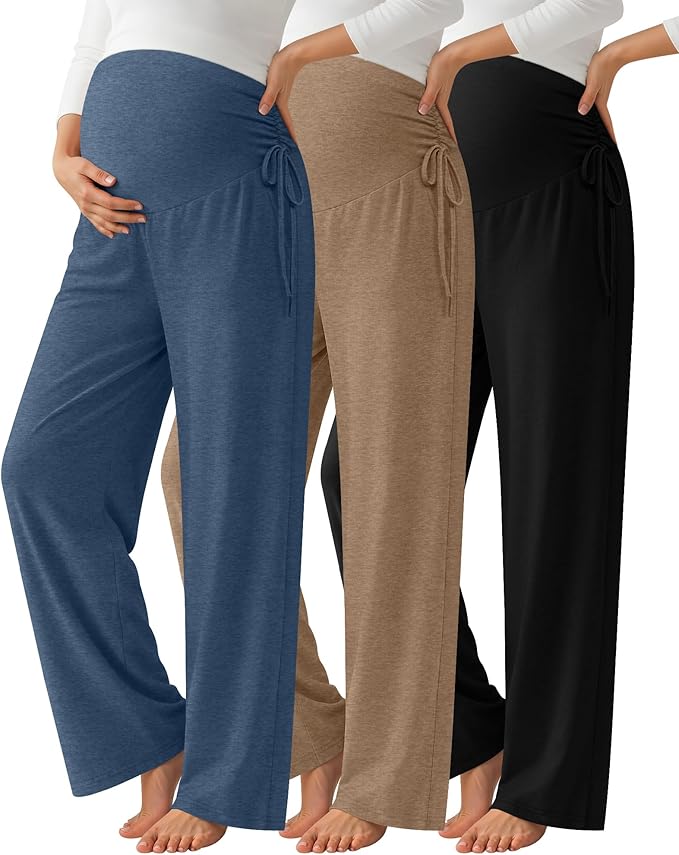 Neer 3 Pack Women's Maternity Pants Over The Belly Loose Pregnancy Pants Stretchy Lounge Wide Leg Trousers with Pockets