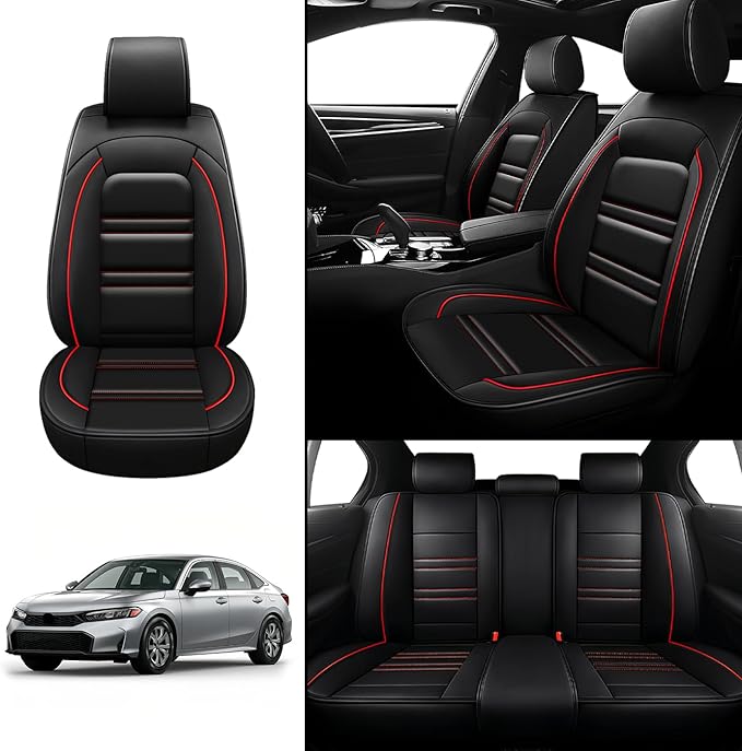 Seat Covers for Honda Civic 2001-2025 | 5-Seats Leather Seat Covers, Easy to Install Automotive Seat Covers Full Set (Full Set, Black&Red Line)