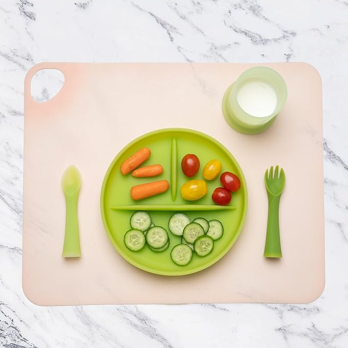 Olababy Fold N Go Silicone Placemat w Travel Case | Dishwasher Safe, BPA Free, Non-Slip, Waterproof | Mini Dining Mat for Infants, Babies, Toddlers and Kids (2, Pearl/Kiwi)