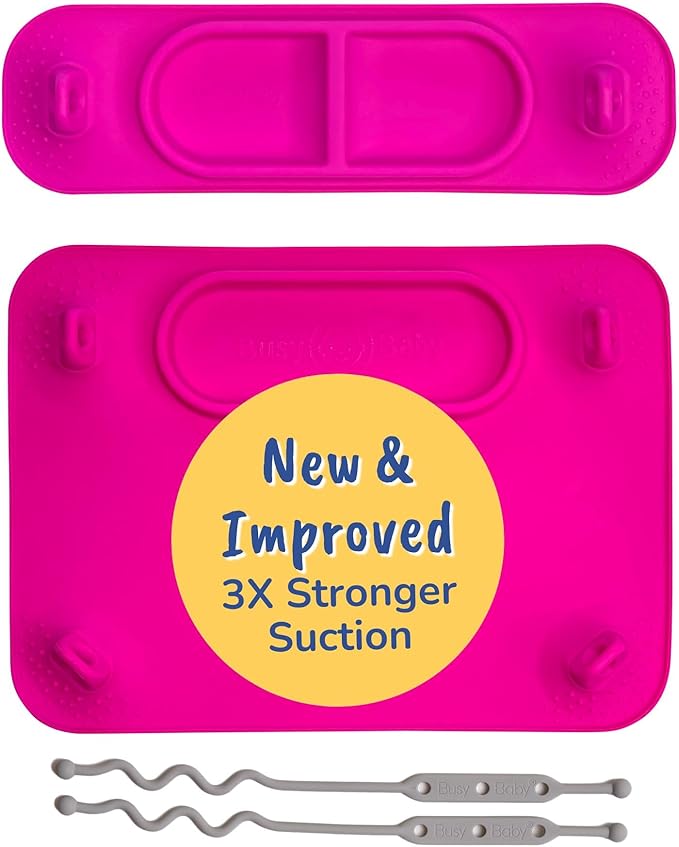 BUSY BABY Silicone Mat Bundle - 1 Original Mat Plus 1 Mini Mat, New Stronger Suction Cups, 6 Straps to Secure Baby Essentials and Keep Them Off The Floor, Baby Led Weaning, Wet Bag Included (Pink)