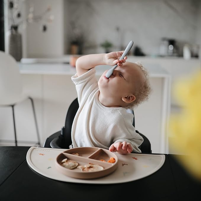 mushie Silicone Baby Feeding Spoons | 2 Pack (Stone/Cloudy Mauve)
