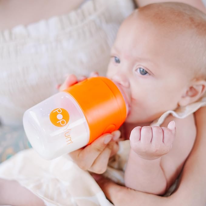 PopYum 9 oz Orange Anti-Colic Formula Making/Mixing/Dispenser Baby Bottles, 2-Pack with #2 Medium Flow Nipples, 260 ml, BPA-Free, Natural Latch