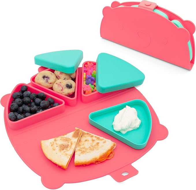 Silicone On-The-Go Snack Mat – Foldable Reusable Placemat with 3 Compartments and Lids – Travel-Friendly Baby and Toddler Snack Plate – Dishwasher Safe (Watermelon)
