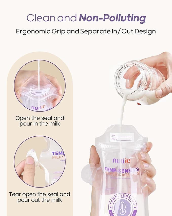 Nuliie 150pcs Temp-Sensing Breastmilk Storage Bag, Huge Temp-Sensing Icon & Locking Clamp, 6oz Breast Milk Storage Bags Freezer Pour Spout, Self Standing Milk Storage Bags Breastmilk, BPA-Free No-Leak