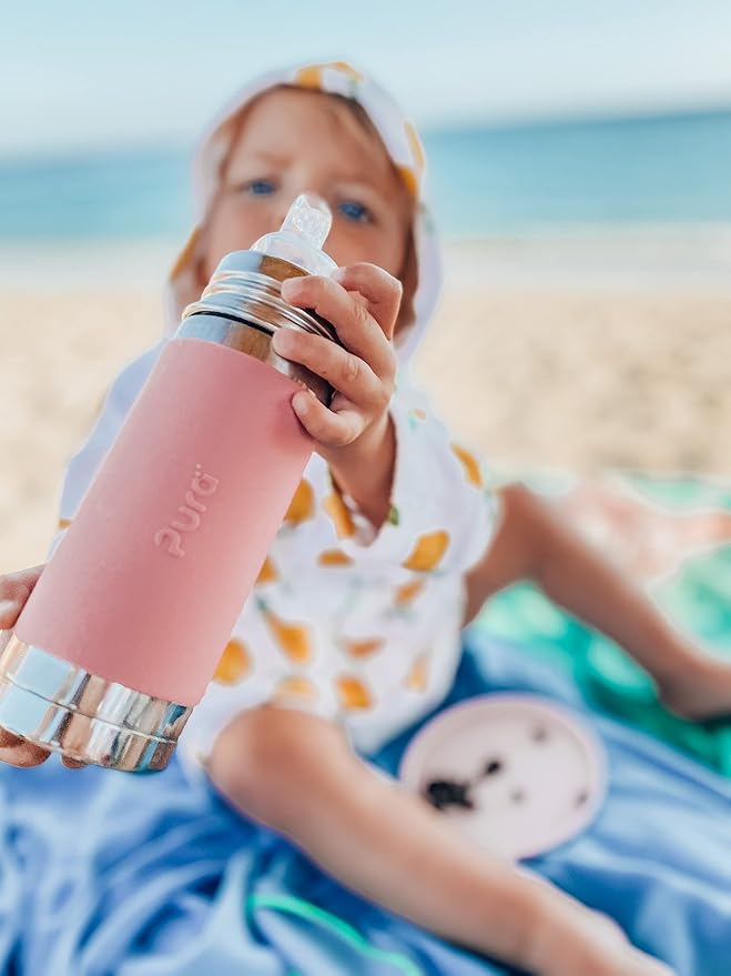 Pura Kiki 9oz/260ml Stainless Steel Insulated Sippy Bottle w/Sleeve, Plastic-Free, MadeSafe Certified, Medical-Grade Silicone Sipper Spout Fast Flow for Kids, Toddlers, Babies & Infant – Rose