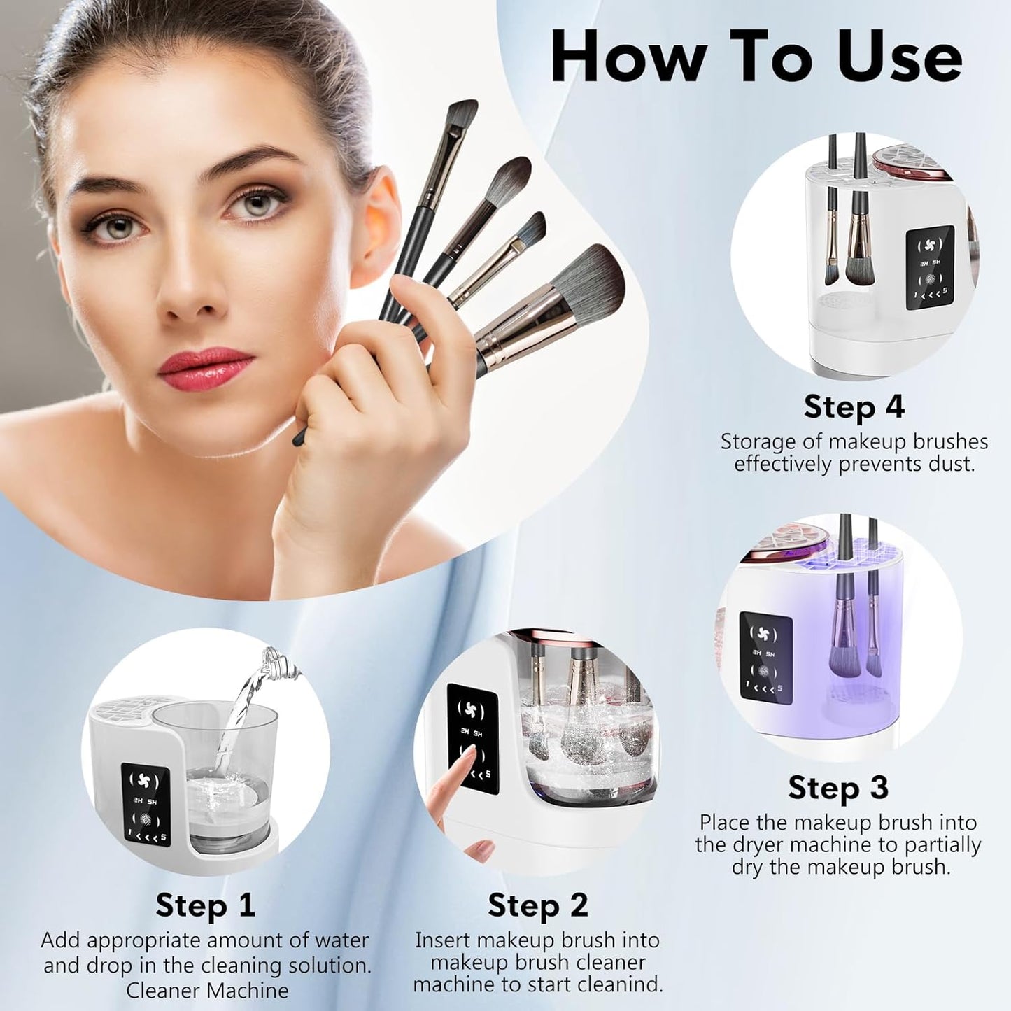 3 IN 1 Electric Makeup Brush Cleaner,Automatic Makeup Brush Cleaner with Makeup Brush Dryer,Portable USB Deep Cleaning for All Size Beauty Makeup Brush Set,Blush Brush,Sponges