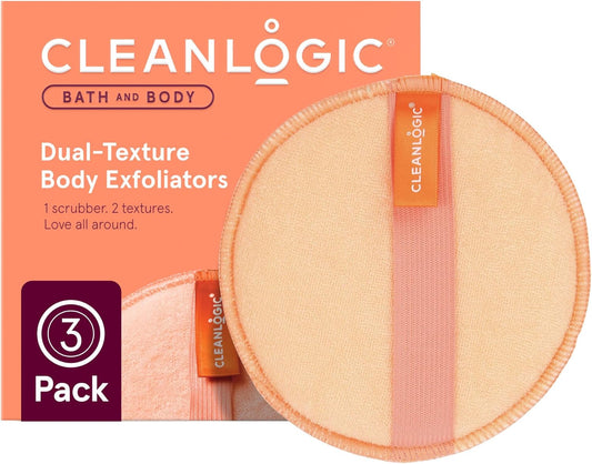 Cleanlogic Bath and Body Exfoliating Body Scrubber, Dual-Texture Round Exfoliator Tool for Smooth, Clean Skin, Daily Skincare Routine, 3 Count Value Pack