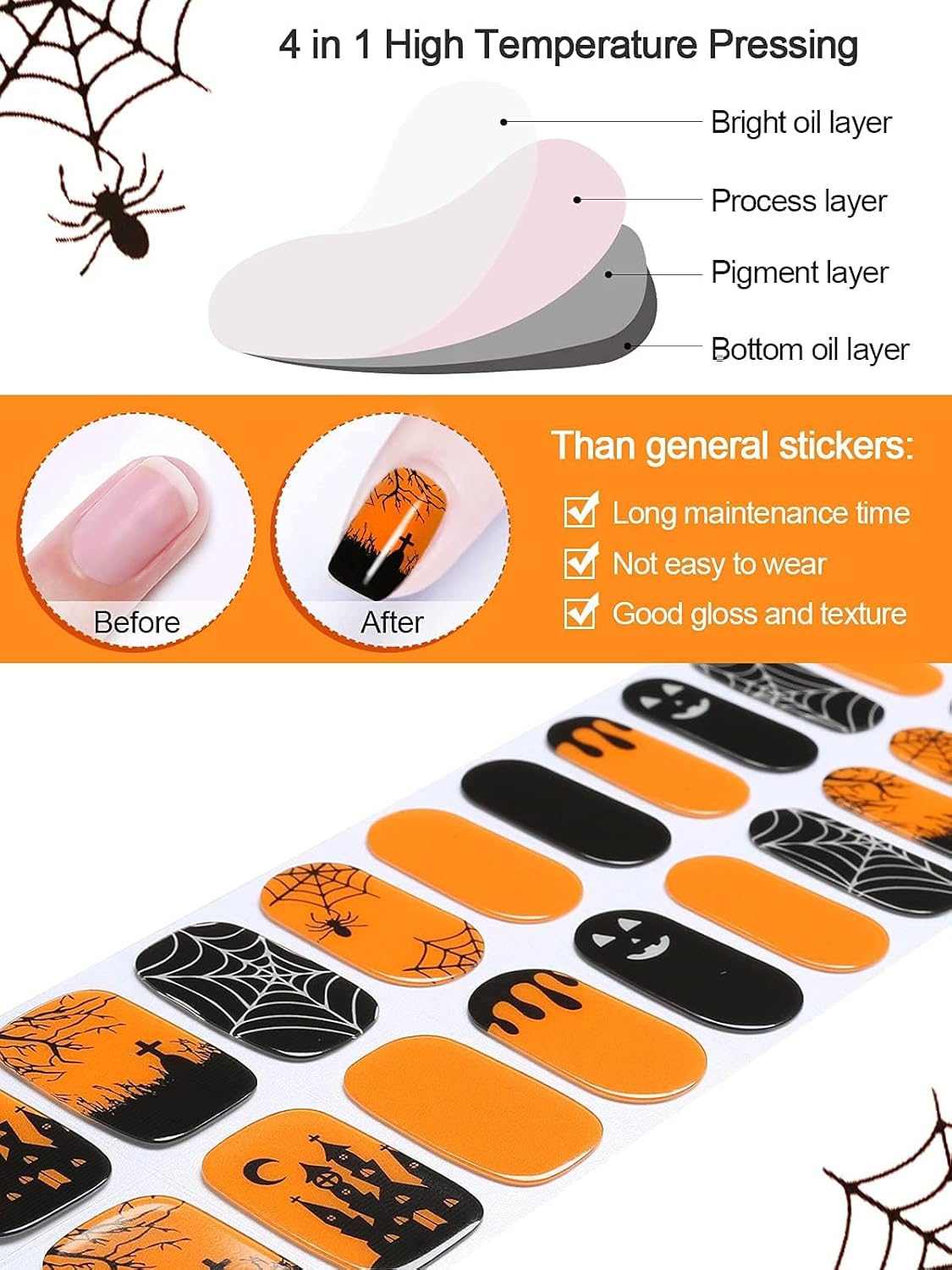 EBANKU Cured Gel Nail Stickers, 20 PCS Halloween Nail Gel Polish Strips, Adhesive Gel Nail Strips for Nail Design, Castle Spider Web Bat Nail Polish Stickers for Women Girls