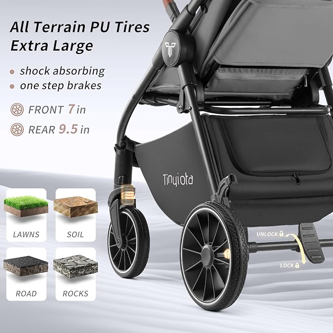 Tinyiota Baby Stroller, Infant Stroller with Large UPF 50+ Canopy,Luxury Pram Strollers with Leather Handle & Spacious Seat, One-Hand Foldable Pushchair, Toddler Carriage with Lie-Flat Mode(Gray)