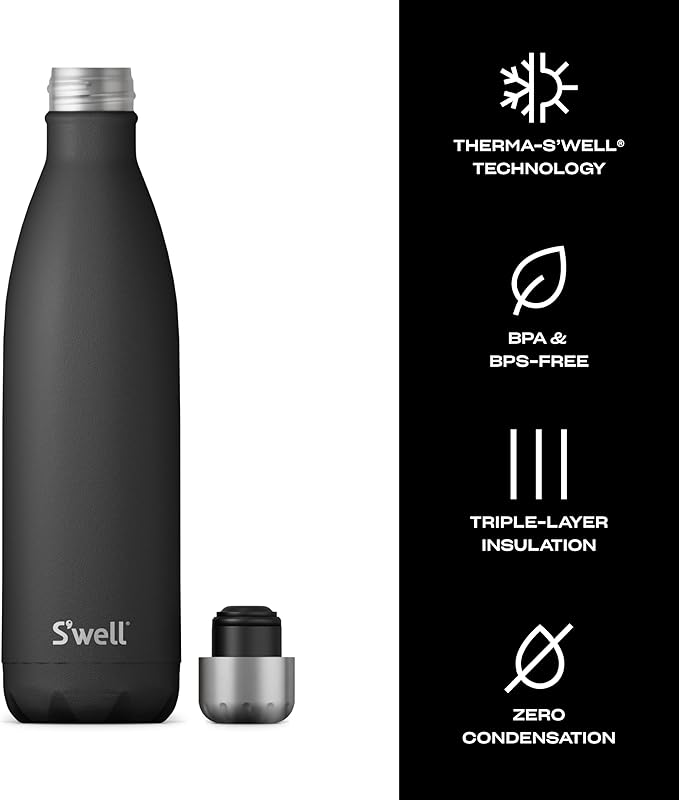 S'well Stainless Steel Water Bottle, 25oz, Onyx, Triple Layered Vacuum Insulated Containers Keeps Drinks Cold for 48 Hours and Hot for 24, BPA Free, Perfect for On the Go