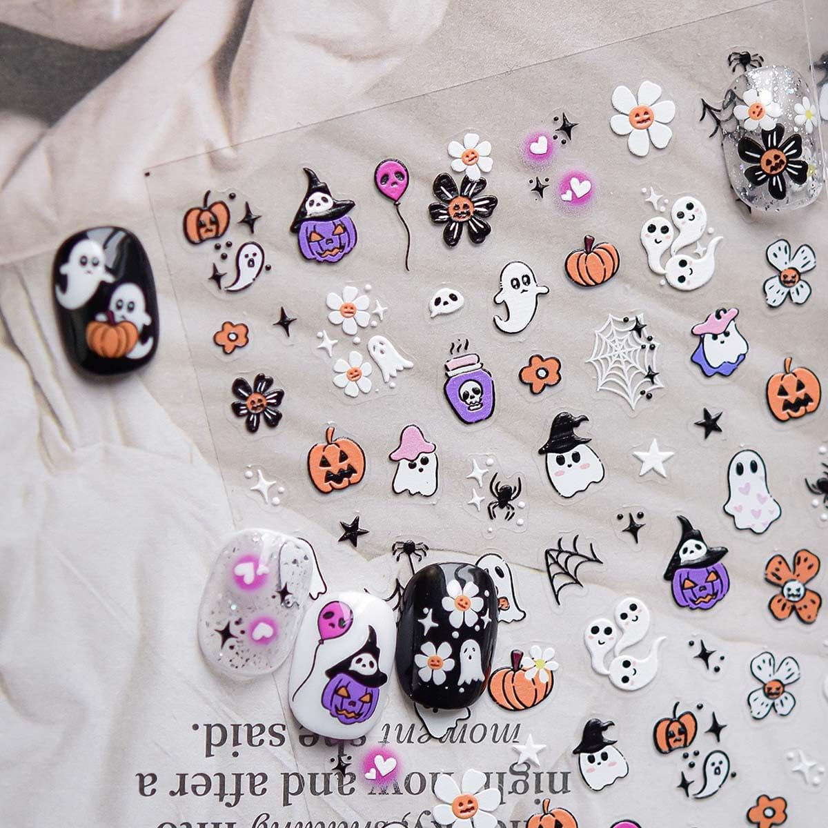 Halloween Nail Stickers Ghost Nail Decals 5D Embossed Cute Nail Art Sticker Flower Pumpkin Spider Wed Nail Supplies Design for Women Holiday DIY Manicure Decoration 1Sheet