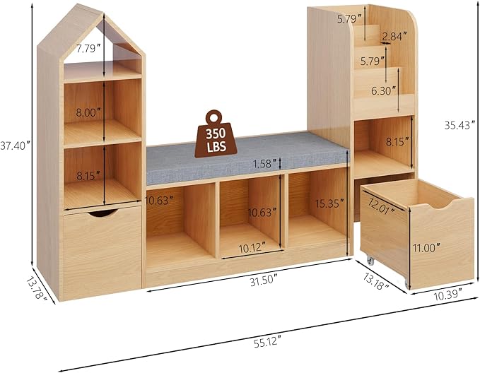 Vabches Kids Bookcase with Reading Nook, Oak Bookshelf with 7 Storage Cubbies & 2 Movable Drawers, Seat Cushion for Toy Storage, Children's Bedroom