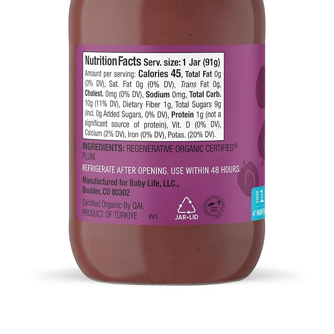 Babylife Organics Stage 1 – Heavy Metal Safe, Organic Baby Food - Plum, 3.2 Ounce Jar (12 Pack)