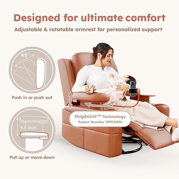 MAMAZING Oversized Rocking Chair Nursery with Adjustable Armrests, Electric Glider Recliner Nursing Chair for Breastfeeding, Power Swivel Recliner Chairs, Oeko-TEX & FSC Certified(Honey Brown)