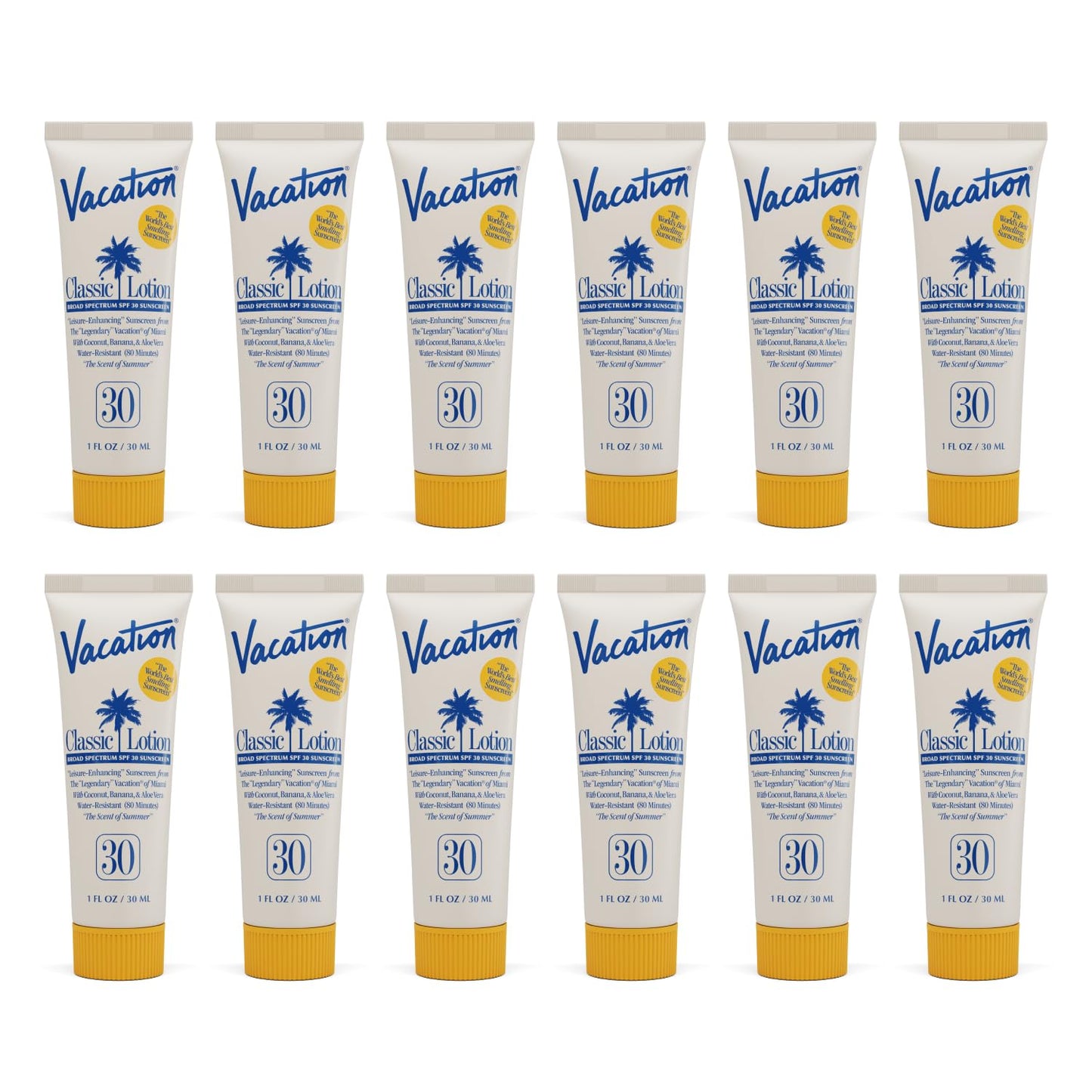 Vacation Mini Classic Sunscreen SPF 30, Water-Resistant, Bulk Suntan Lotion, Bachelorette Party Favors, Beach Must Haves, Traveling Essentials, Travel Size, 1 Fl. Oz. (Value Pack of 12)